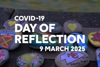 Image of painted stones with the text written over the image saying 'COVID-19 DAY OF REFLECTION 9 MARCH 2025'
