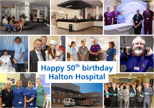 Photo collage celebrating Halton Hospital’s 50th birthday, featuring staff, patients, hospital facilities, community events and the hospital building, with the message “Happy 50th birthday Halton Hospital” in the centre.