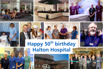 Photo collage celebrating Halton Hospital’s 50th birthday, featuring staff, patients, hospital facilities, community events and the hospital building, with the message “Happy 50th birthday Halton Hospital” in the centre.