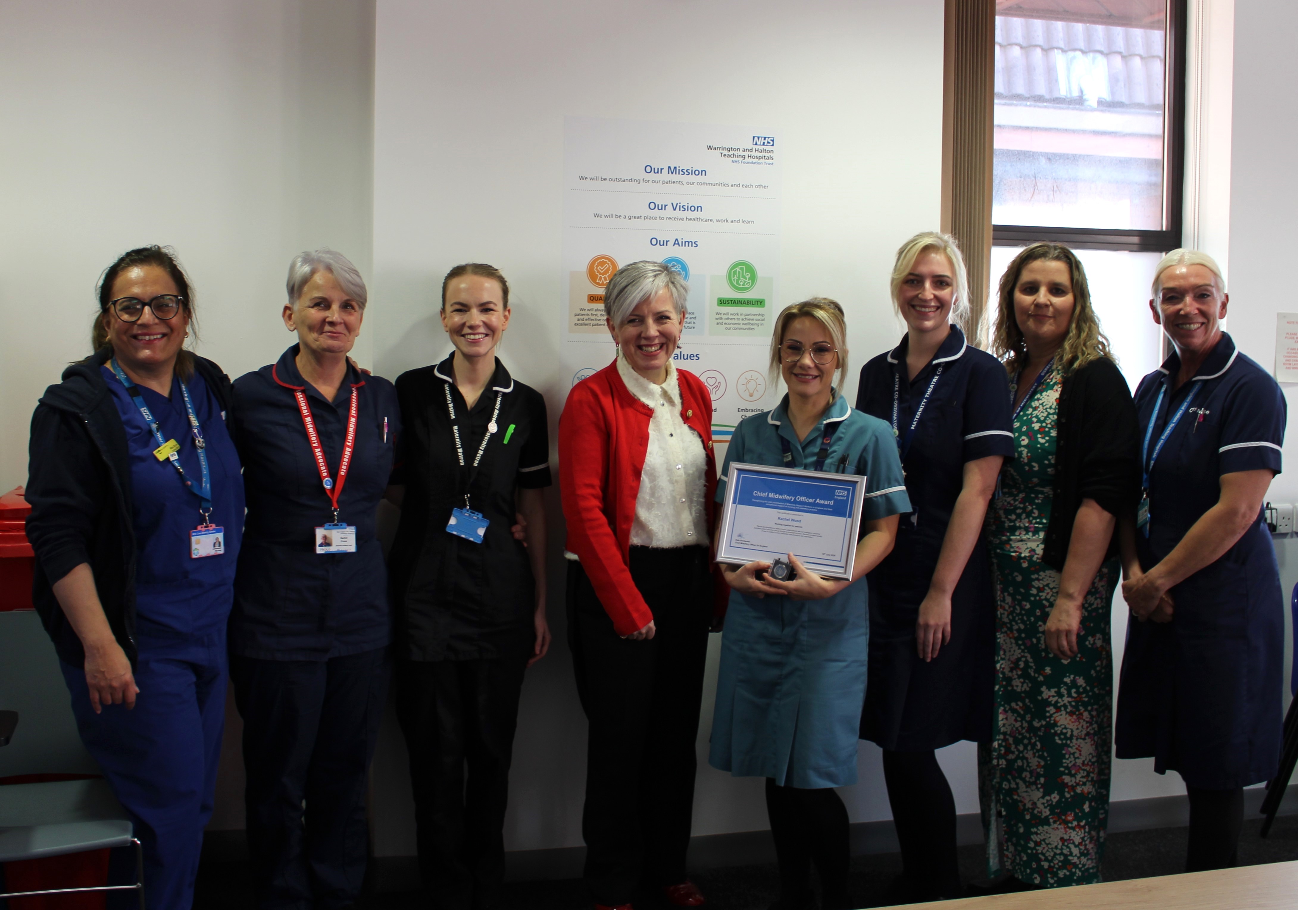 Group award image, from left to right: Rita Arya, Consultant Obstetrician and Gynaecologist, Rachel Crone, Specialist Midwife for Practice Education, Sam Nichols, Maternity Matron, Kate Brintworth, Chief Midwifery Officer for England, Rachel Wood, Maternity Support Worker, Amelia Crowther, Maternity Theatre Coordinator, Ailsa Gaskill-Jones, Director of Midwifery, and Ali Kennah, Chief Nurse